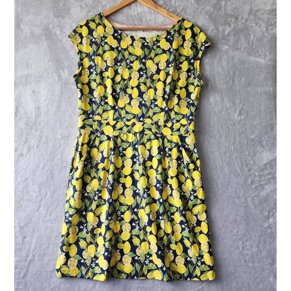 Boden Dress Womens Size 10 Lemon Print Jersey Knit Navy Blue Pockets Stretch 10R